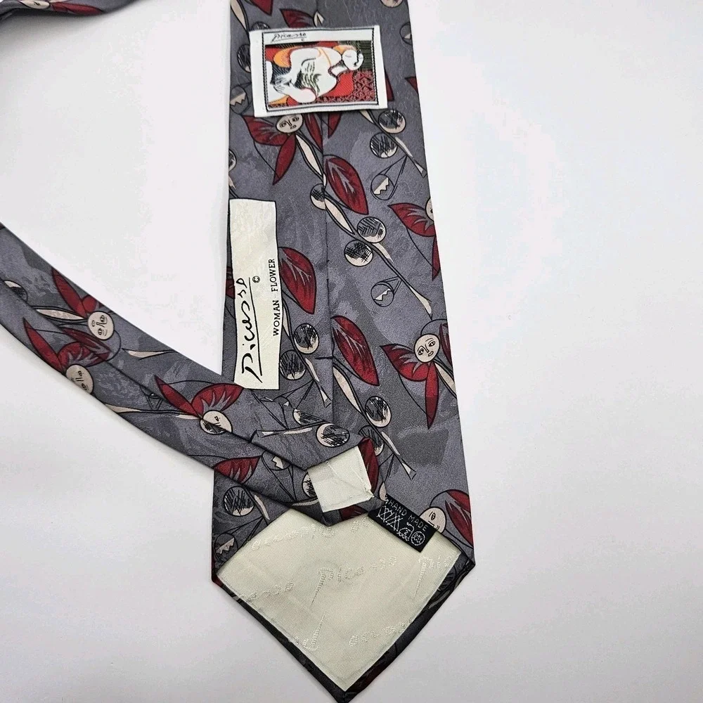 Picasso Tie Necktie Woman Flower Gray Red‎ 100% Silk Abstract Cubism Art